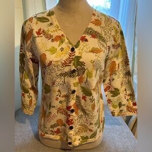 Christopher & Banks Women’s Button-Front Cardigan Leaf Print ¾ Sleeve Vintage